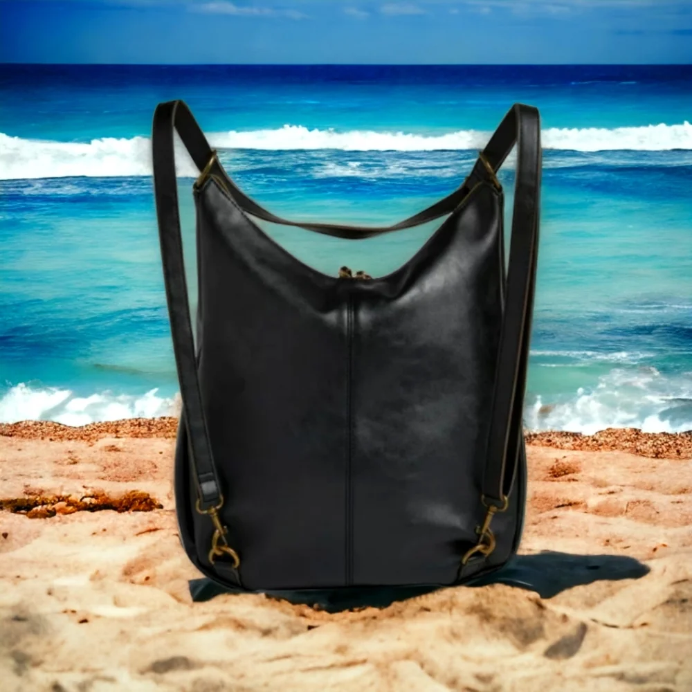 Luxury Black Vegan Leather Minimalist Convertible Backpack